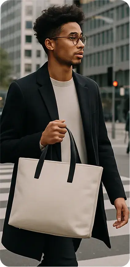A city scene where a stylish person carries a tote bag while crossing a street or standing at a crosswalk. Urban backdrop, bicycles, pedestrians, and modern architecture in the background. The bag is modern, clean, and fashionable.