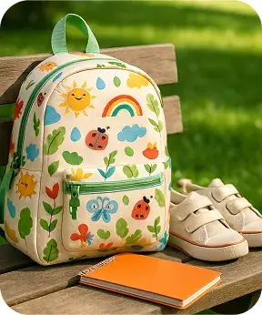 eco backpack for kids with bright illustrations on a white background